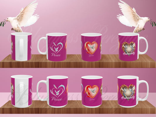 Peace love and humanity mug with doves and ribbon hearts ceramic coffee cup inspirational gift for kindness lovers 11 oz and 15 oz sizes